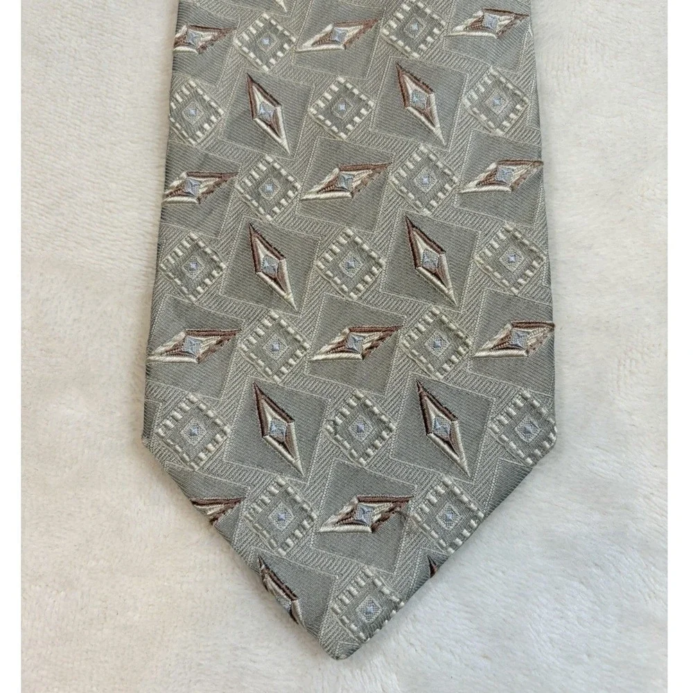 Ermenegildo Zegna Men's Geometric Beige Brown White 100% Silk Satin Tie‎